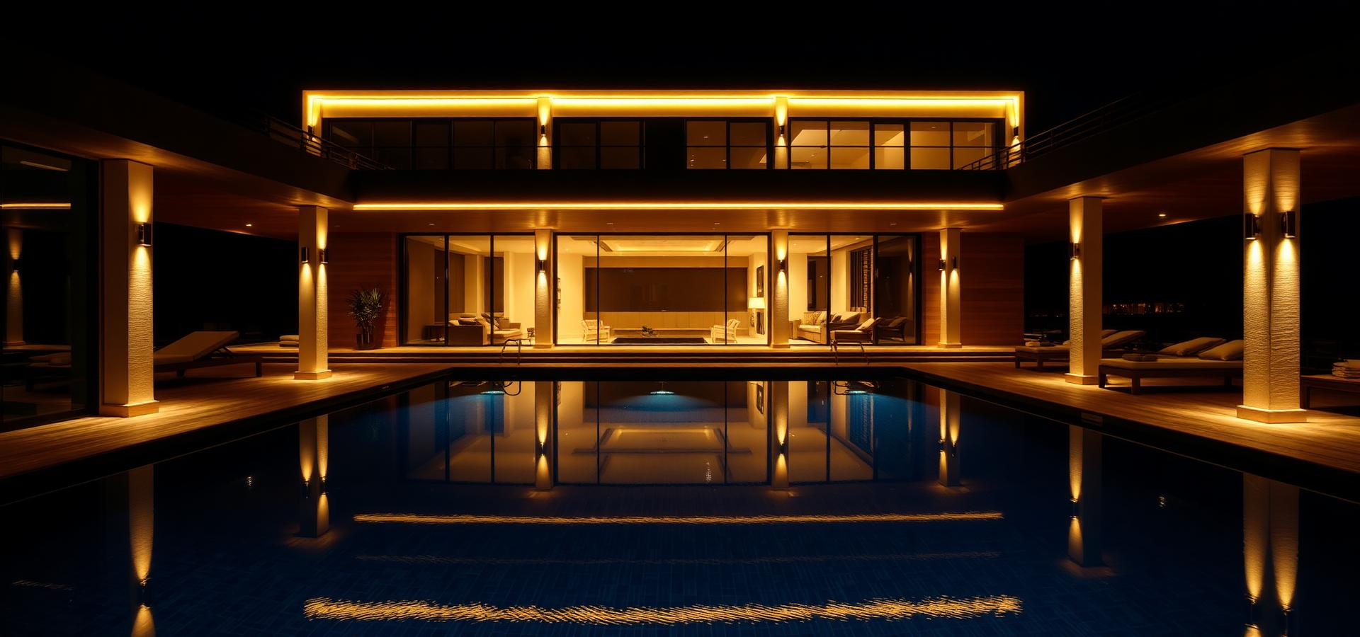 Residência contemporânea com piscina e iluminação integrada ao anoitecer