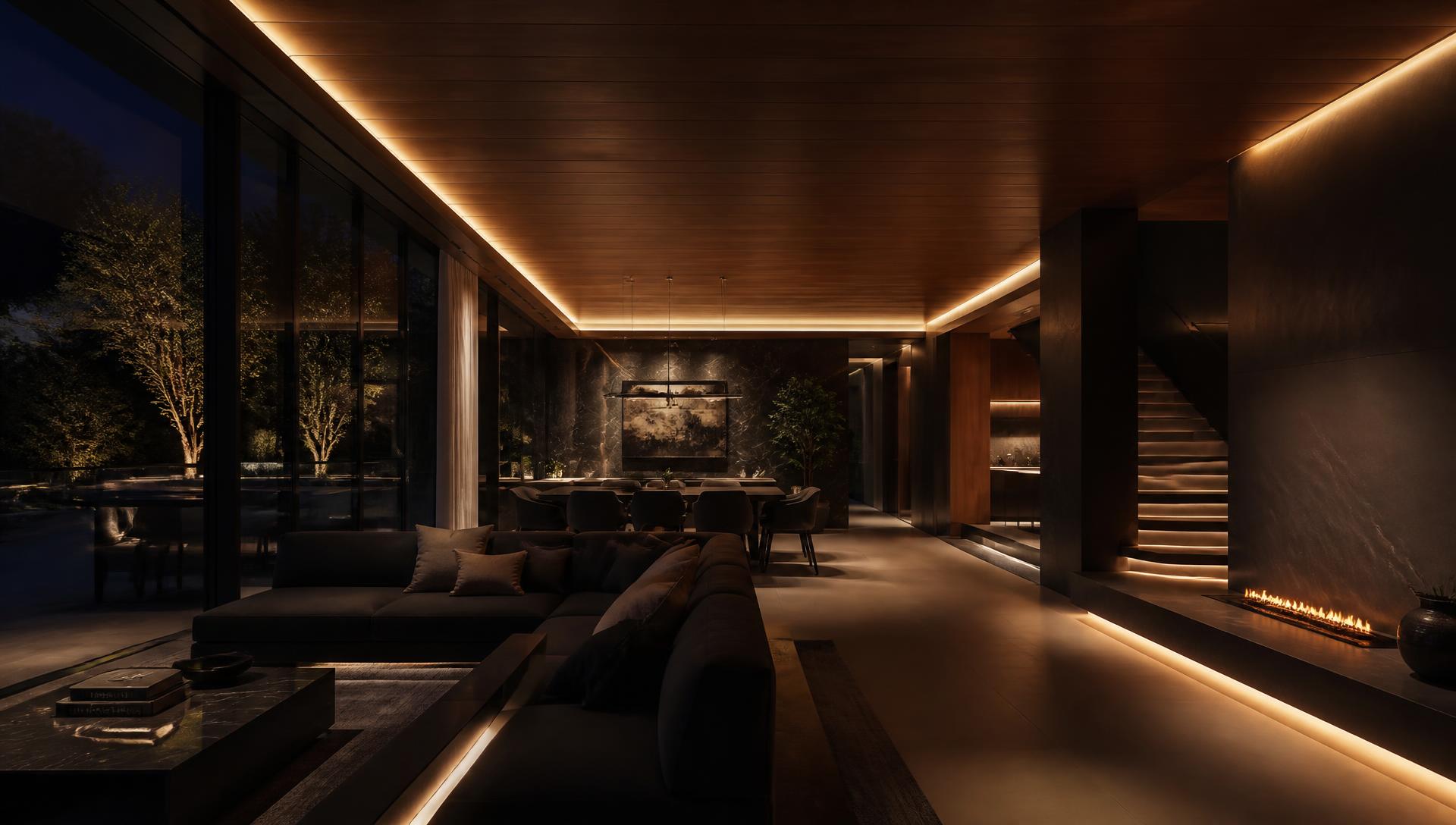 Living integrado com iluminação cênica embutida