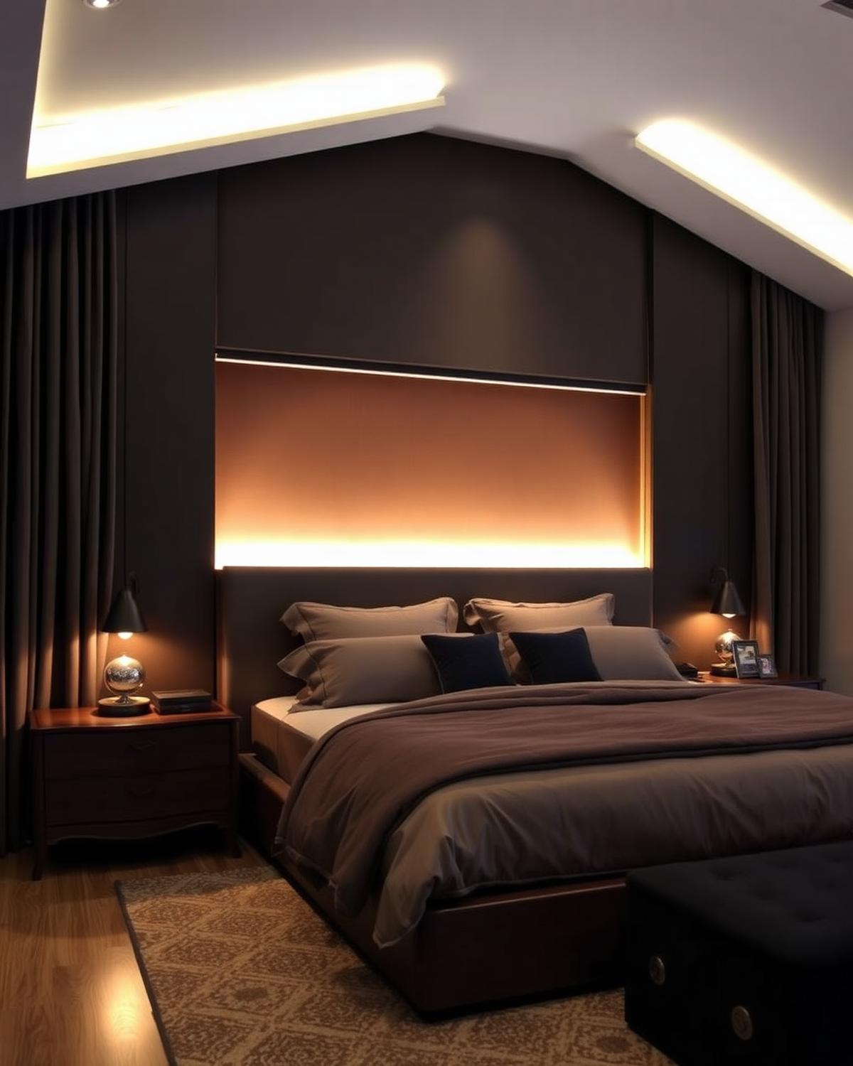 Suíte com cortinas motorizadas e iluminação indireta