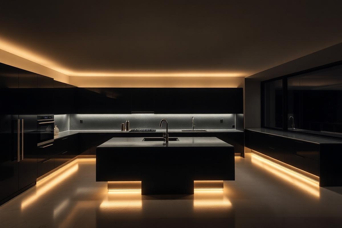 Cozinha com iluminação linear automatizada